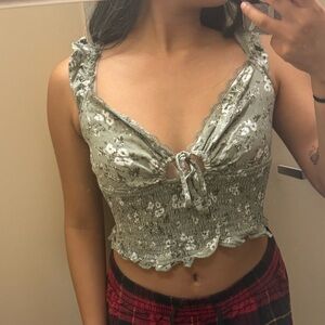 Garage Green Floral Tie-Front Tank Top